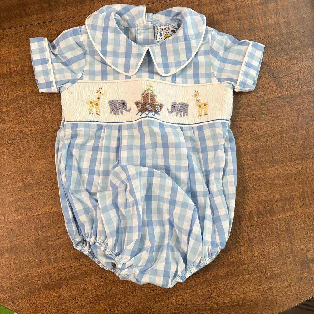 Three Sisters Bubble Ruffle Romper Noah’s Ark 6 month blue gingham NWT cl